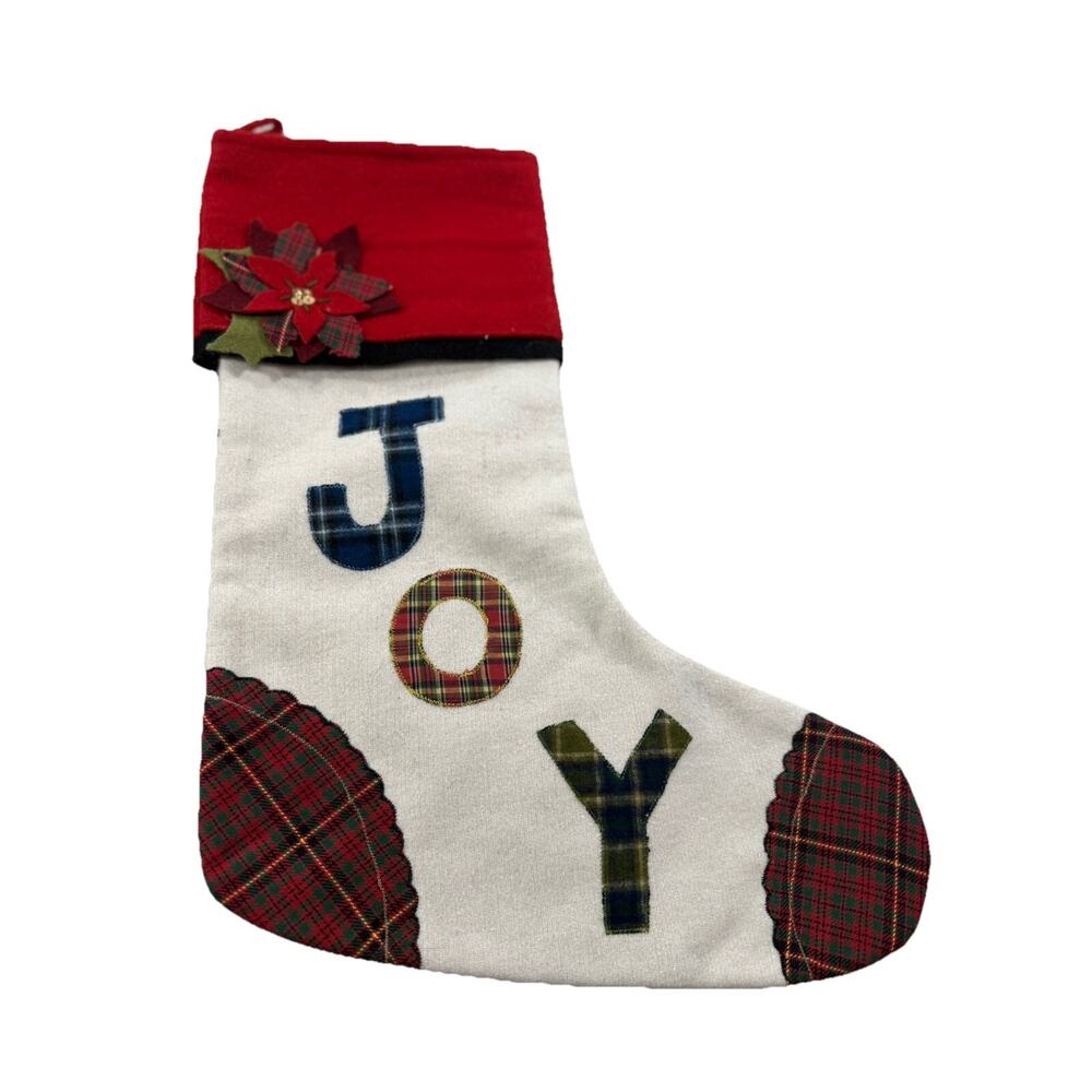 The Company Store JOY Poinsettia Plaid Christmas Stocking